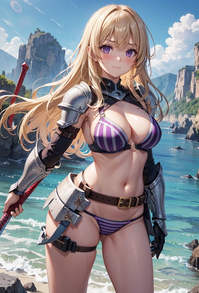 slender, mature female, rating:safe, 1girl, breasts, cloud, sky, armor, day, smile, navel, long_hair, blue_sky, large_breasts, solo, outdoors, cleavage, looking_at_viewer, weapon, blonde_hair, bikini_armor, closed_mouth, bangs, bikini, cloudy_sky, belt, swimsuit, parted_bangs, wavy_hair, cowboy_shot, blush, stomach, panties, shoulder_armor, underwear, purple_eyes, eyebrows_visible_through_hair, striped, holding, mountainous_horizon, gauntlets, sword, gloves, sunlight, standing, brown_eyes, shield, hair_intakes, holding_weapon