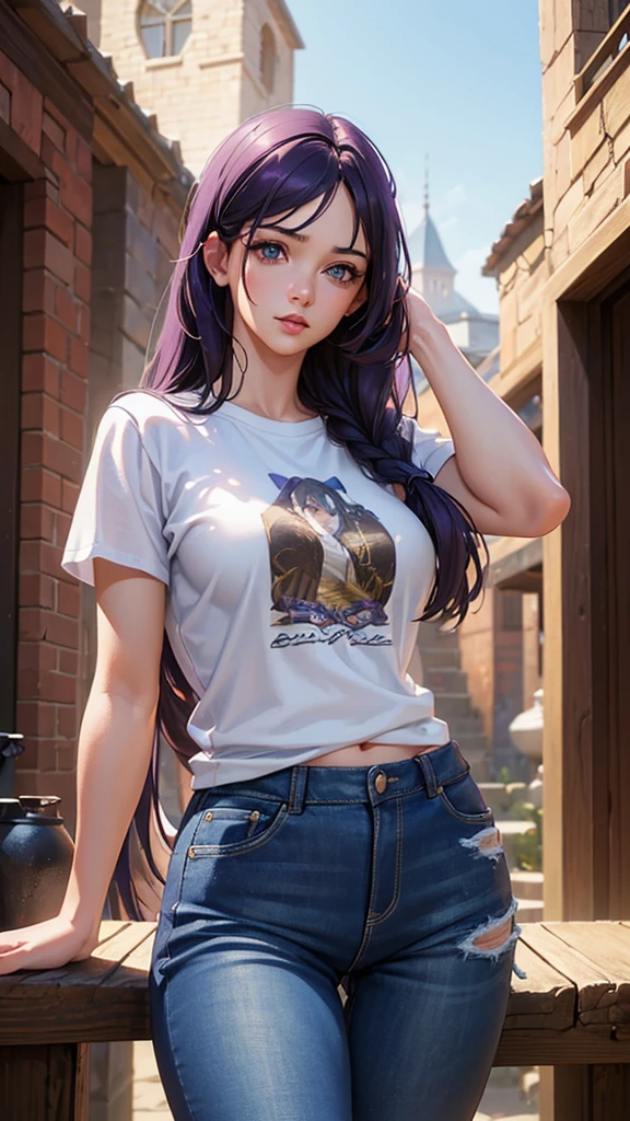 a young woman with long purple hair, hazel eyes, small breasts, wearing jeans and a t-shirt, fantasy medieval cinematic setting, beautiful detailed eyes, beautiful detailed lips, extremely detailed face and hair, digital painting, cinematic lighting, vibrant colors, dramatic atmosphere, photorealistic, (best quality,4k,8k,highres,masterpiece:1.2),ultra-detailed,(realistic,photorealistic,photo-realistic:1.37)