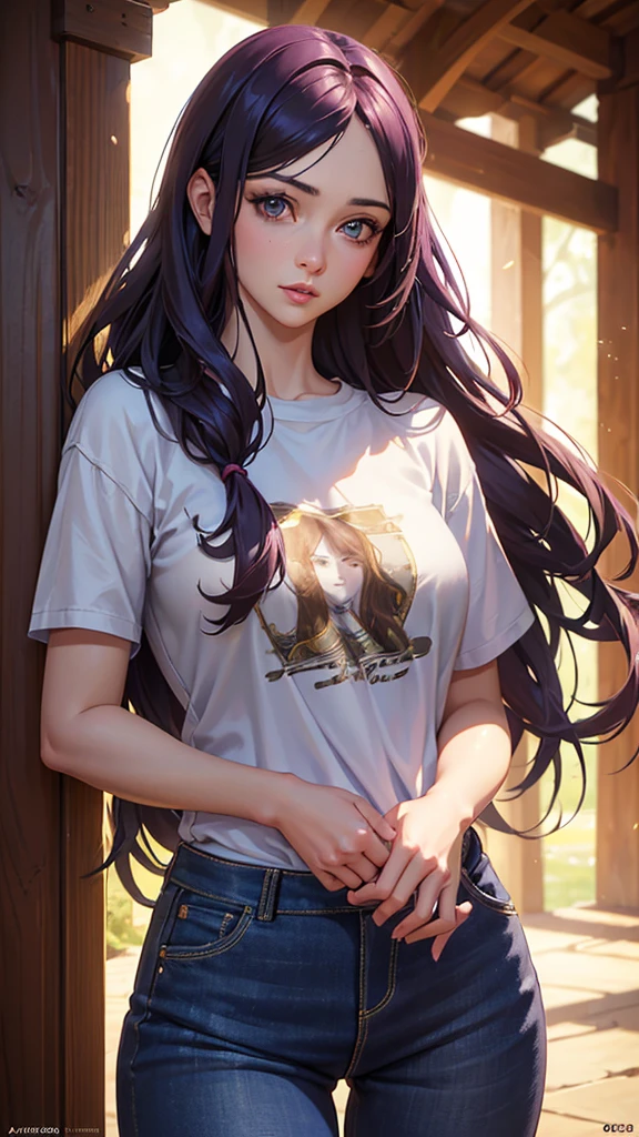 a young woman with long purple hair, hazel eyes, small breasts, wearing jeans and a t-shirt, fantasy medieval cinematic setting, beautiful detailed eyes, beautiful detailed lips, extremely detailed face and hair, digital painting, cinematic lighting, vibrant colors, dramatic atmosphere, photorealistic, (best quality,4k,8k,highres,masterpiece:1.2),ultra-detailed,(realistic,photorealistic,photo-realistic:1.37)