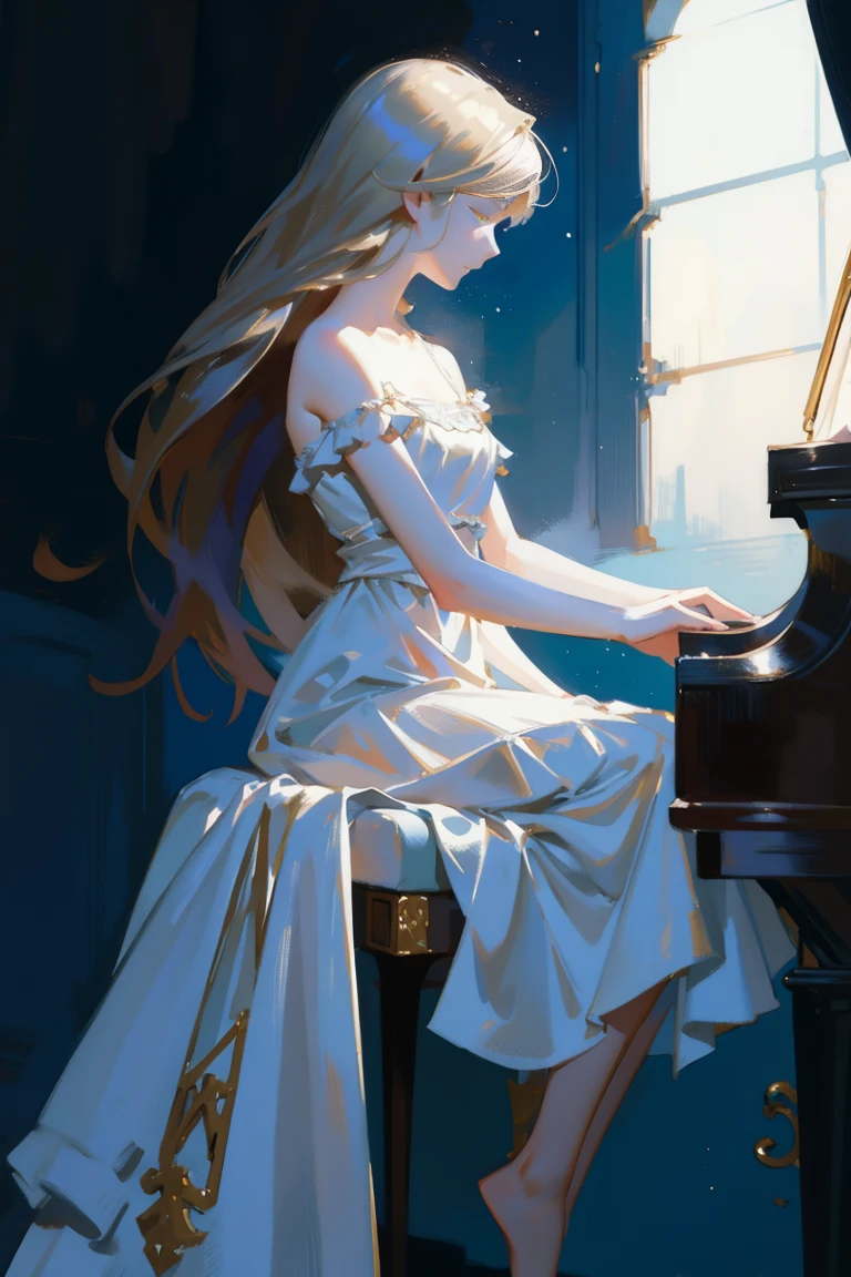 full-body portraits，(Drawing of girl playing piano), Play the piano, look up to，With his eyes closed，white dresses，Mandy Jurgens (Mandy Jürgens) Realistic paintings created, Perverted, arte figurativa, Detailed depiction of the, realistically, a work of art, contours， seen from the side， simple backgound