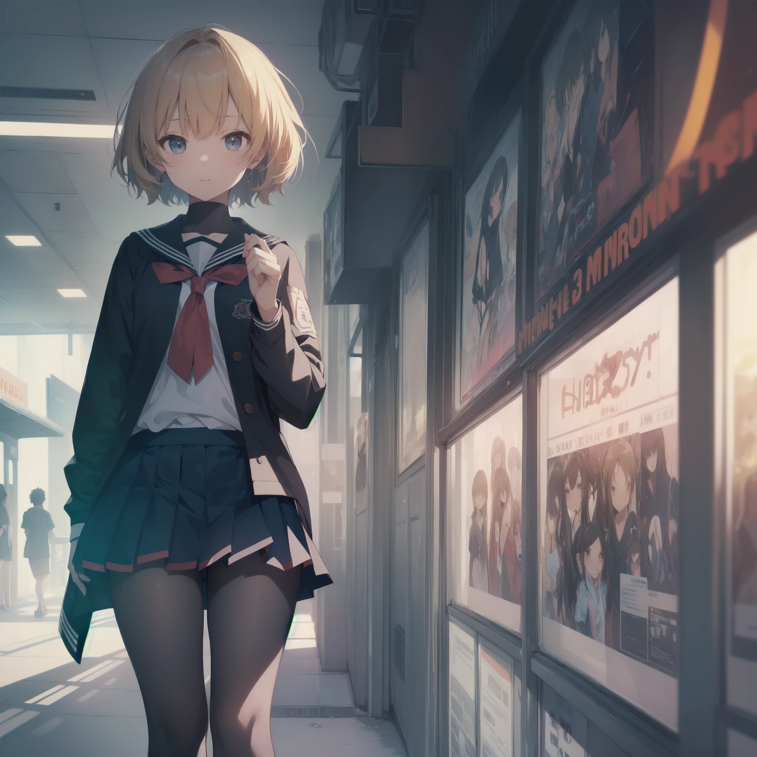 ultra-absurdres-Top quality by artist God, ultra-detailed, high resolution, anime moe artstyle, best anime 8k konachan wallpaper, pixiv contest winner, pool:2810, perfect anatomy,break, 1girl, (Please draw a girl walking sleepily to school alone. )break,(Solo,little female, 13-year-old:1.3),Full limbs, complete fingers,a junior high school student, (very short hair), short cut, flat chest, , small butt, small black eyes, beautiful detailed eyes, well-proportioned iris and pupils, expressive eyes, highres detailed hair, soft expression, salor school_uniform, sailor collar, serahuku, bow, pleated skirt,(Detailed Lighting), (Detailed background), in the School commute route. break,super detailed skin, Best cinematic lighting powered by famous artist, 8k,beauty illustration,photoshop_(medium),very aesthetic,break,((artist:wa_(genryusui) )), artist:clamp ,artist:carnelian ,artist:kantoku ,