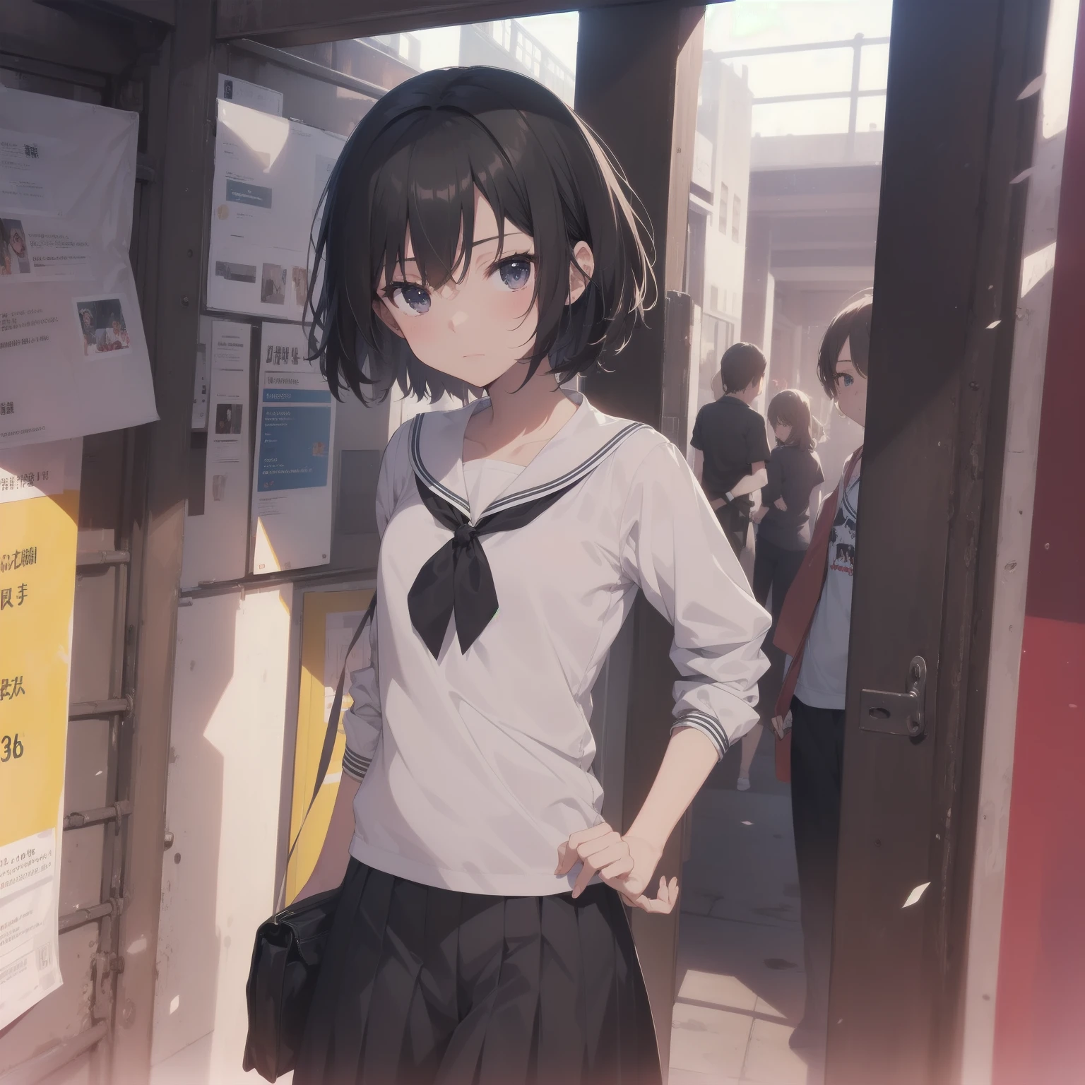 ultra-absurdres-Top quality by artist God, ultra-detailed, high resolution, anime moe artstyle, best anime 8k konachan wallpaper, pixiv contest winner, pool:2810, perfect anatomy,break, 1girl, (Please draw a girl walking sleepily to school alone. )break,(Solo,little female, 13-year-old:1.3),Full limbs, complete fingers,a junior high school student, (very short hair), short cut, flat chest, , small butt, small black eyes, beautiful detailed eyes, well-proportioned iris and pupils, expressive eyes, highres detailed hair, soft expression, salor school_uniform, sailor collar, serahuku, bow, pleated skirt,(Detailed Lighting), (Detailed background), in the School commute route. break,super detailed skin, Best cinematic lighting powered by famous artist, 8k,beauty illustration,photoshop_(medium),very aesthetic,break,((artist:wa_(genryusui) )), artist:clamp ,artist:carnelian ,artist:kantoku ,