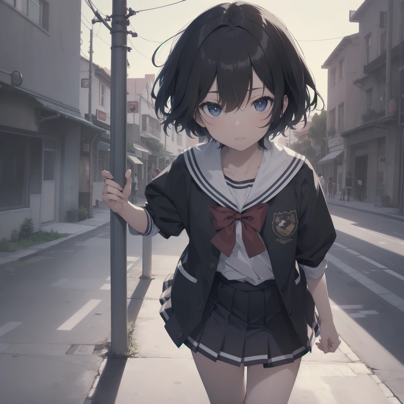 ultra-absurdres-Top quality by artist God, ultra-detailed, high resolution, anime moe artstyle, best anime 8k konachan wallpaper, pixiv contest winner, pool:2810, perfect anatomy,break, 1girl, (Please draw a girl walking sleepily to school alone. )break,(Solo,little female, 13-year-old:1.3),Full limbs, complete fingers,a junior high school student, (very short hair), short cut, flat chest, , small butt, small black eyes, beautiful detailed eyes, well-proportioned iris and pupils, expressive eyes, highres detailed hair, soft expression, salor school_uniform, sailor collar, serahuku, bow, pleated skirt,(Detailed Lighting), (Detailed background), in the School commute route. break,super detailed skin, Best cinematic lighting powered by famous artist, 8k,beauty illustration,photoshop_(medium),very aesthetic,break,((artist:wa_(genryusui) )), artist:clamp ,artist:carnelian ,artist:kantoku ,
