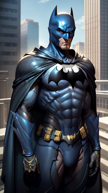 1boy, batman, abs, bara, black hair, blue bodysuit, blue eyes, bodysuit, cape,  gauntlet, helmet, mask, closed mouth, crossed arms, large pectorals, male focus, muscular, muscular male, pectoral lift, pectorals, black cape, short hair, outdoors, skyscrapers, solo, armor suit, superhero, upper body , ((masterpiece))