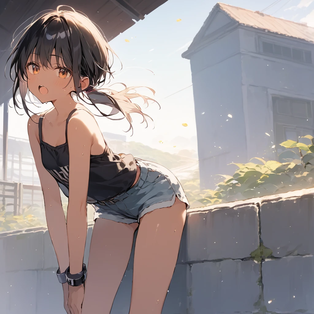 score_9, score_8_up, score_7_up, source_anime, best quality, masterpiece, official art, absurdres, highres, ultra-detailed,waifu2x,Collection: Slice of Life,break,1girl, tomboy, dark-skinned female, short hair, low ponytail, small breasts, beautiful detailed eyes, short shorts, sweat, open mouth, (yawn:0.3), sleepily, outdoors, wind, break,(clear line illustration:1.2),very high resolution, very aesthetic, super detailed skin, Best sexual lighting powered by famous artist, 8k,cute picture,beauty illustration,photoshop_(medium),,(Detailed Lighting),best anime 8k konachan wallpaper, pixiv contest winner,