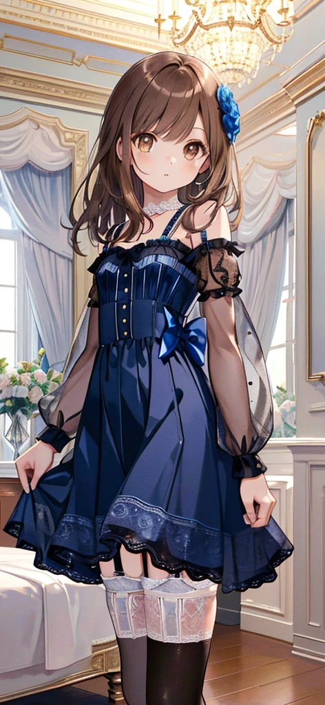 ((masterpiece)), ((best quality)), ((ultra detailed)), ((kawaii)), cute, (lovely), ((extremely detailed)), ((8K)), (beautiful), full body, luxury room, a cute girl, 1girl, solo, blue mini camisole dress,beautiful light brown hair, ((detailed beautiful brown eyes)), white-skinned, flat breast, tiny breast, garter belt,(garter stockings:1.4),pink eyeshadow