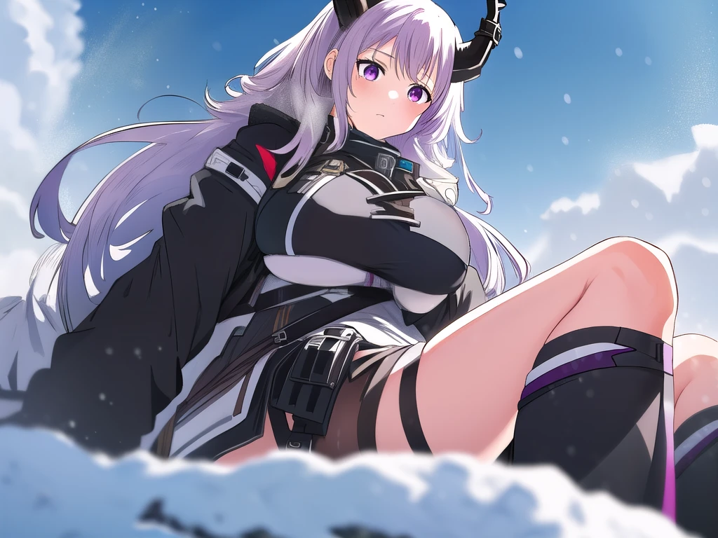 giantess,Woman sitting on the ground,Purple eyes,, Only one girl, typhon_arknights,Woman sitting on the ground,,Snow piled up all over the earth, Woman leaning against mountain range,Snow-covered mountains, winter, Snow Mountain, Snow-covered land, Frozen Antarctica, big assa, giga giantess, huge craters, Steam from the body, ((((hugebreast), アニメ, first-person view, best quality, masterpiece, highres,horn,((from below)
