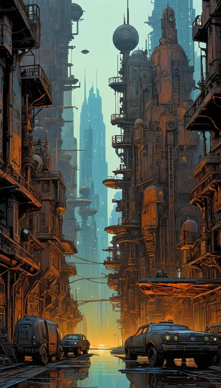 futuristic city.1.5, rusty metal city, lots of details(Mike Mignola inspired art, intricate details, oil painting)
