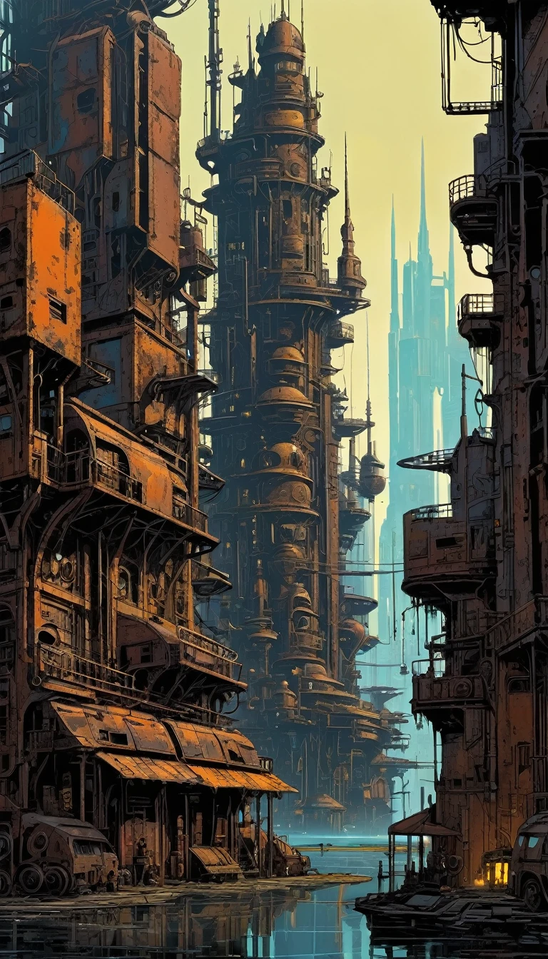 futuristic city.1.5, rusty metal city, lots of details(Mike Mignola inspired art, intricate details, oil painting)