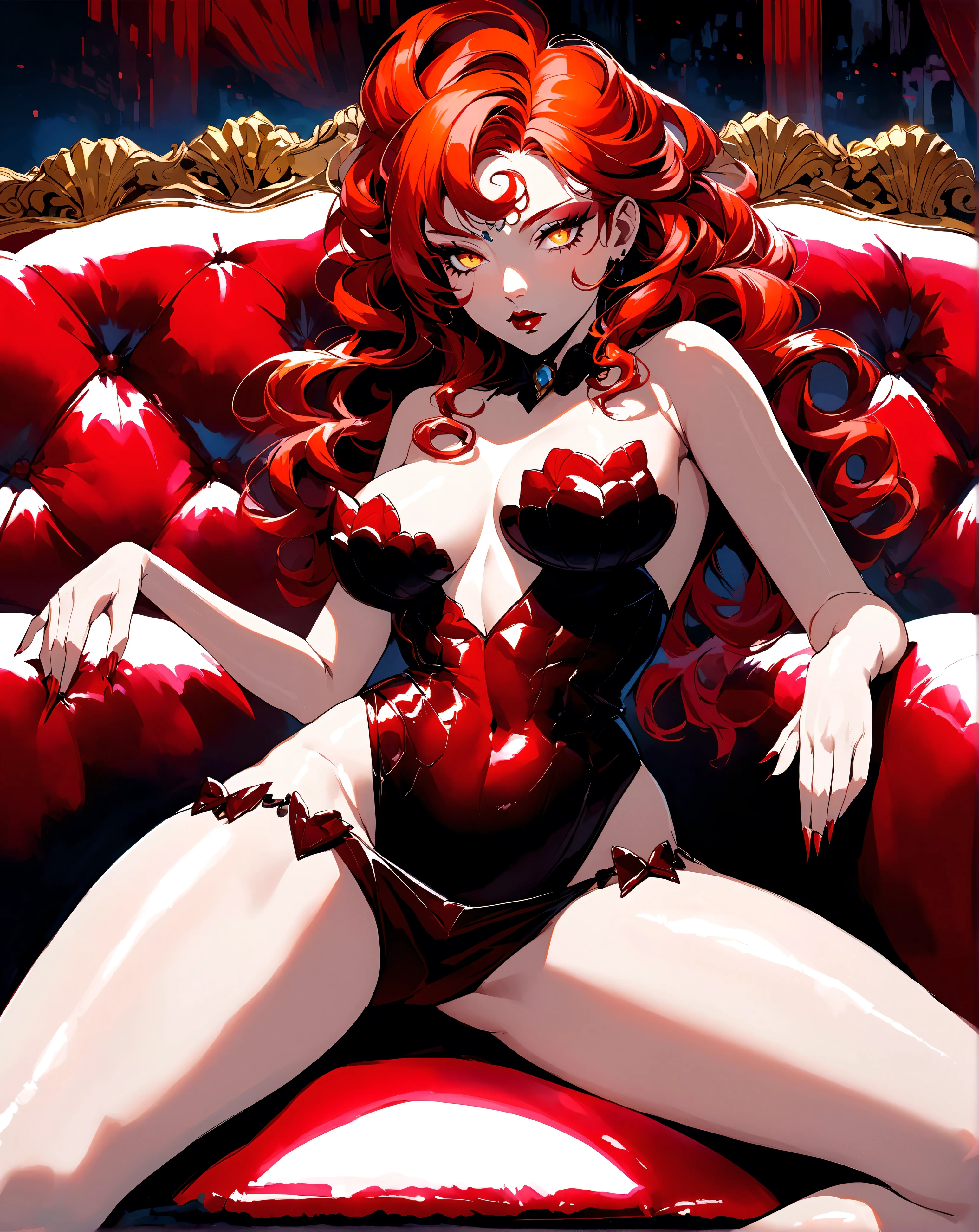 A sultry siren with fiery red locks and captivating yellow eyes lounges seductively on a lustrous crimson couch. This vivid image, reminiscent of a mix between Anime and pulp fiction, is a mesmerizing painting with rich colors and intricate details that exude sensuality and allure. The woman's alluring features are accentuated by her striking pose, drawing viewers in with an irresistible combination of beauty and intrigue.