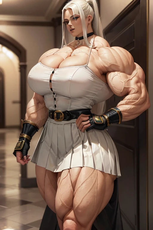 (((Massive tall, beautiful, buff, light brown skinned muscular woman with white hair, black lipstick, ginormous bulky muscles and wearing a beautiful white unbuttoned blouse with a beautiful black long pleated skirt))), (close view), massive muscles, massive biceps, hyper muscle shoulders, massive muscle arms, vascular shoulders, hyper muscle triceps, (long straight hair), (beautiful unbuttoned white blouse), blue eyes, (gauntlets and gloves), choker, (beautiful black long pleated skirt with a belt), shoes with socks, (in a beautiful hallway), closed smile, morning, hyper vascular arm, hyper muscles arms, hyper muscle legs, massive arms