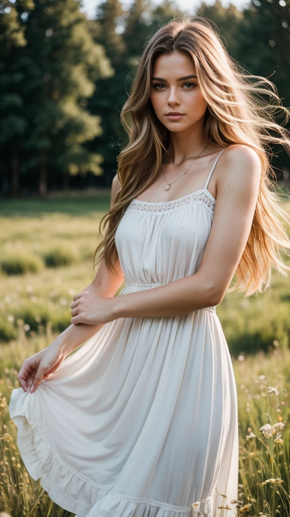 realistic body shot photo of sad finnish big long hair woman dancing in front of camera wearing long cotton dress, meadow, glamour photoshoot, perfect anatomy, Perfect eyes. Perfect hands with 5 fingers on each hand. fit girl, looking into the camera, strong hip:1.2, wide hip:1.3, 36 yo woman. (Eye makeup:1.1), (highly detailed skin:1.1), RAW, analog style, sharp focus, 8k UHD, DSLR, high quality, Fujifilm XT3, grain, award winning, masterpiece.