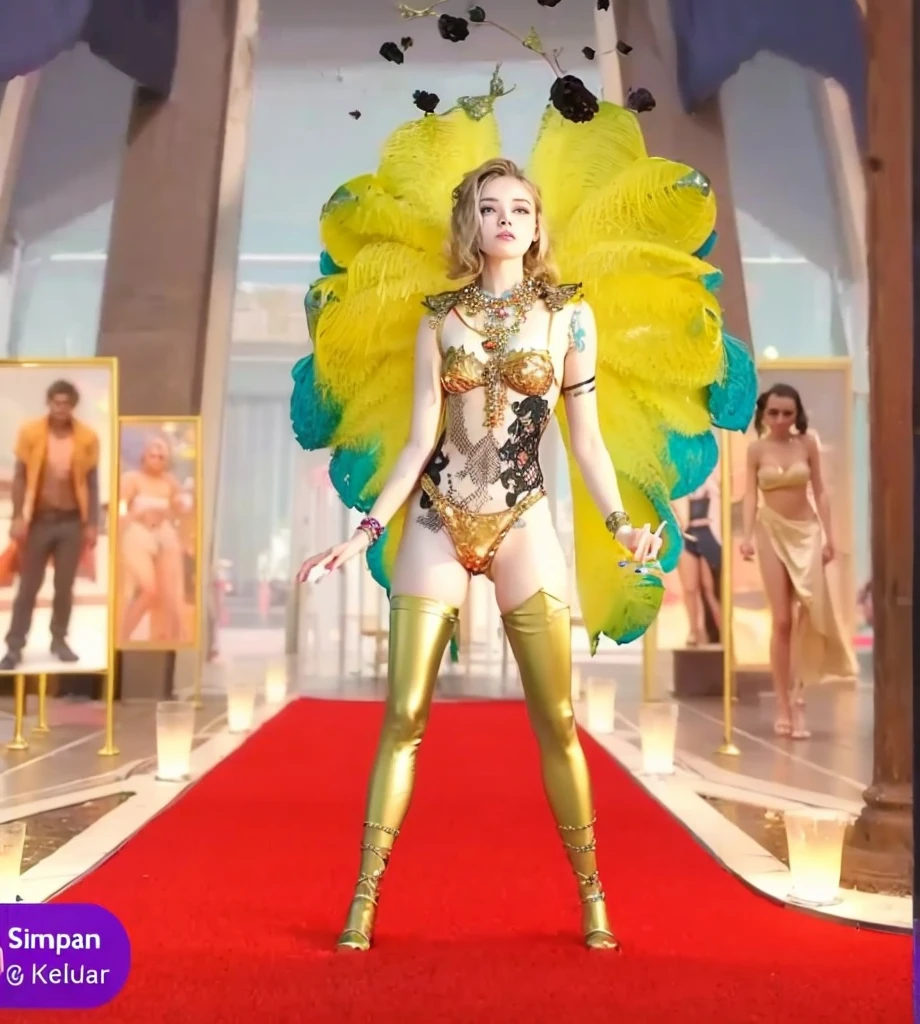 Cute 18 year old girl, Carnival Bikini Woman suit, short curly hair, blonde hair, beautiful face, rain, roof, masterpiece, exquisite details, perfect anatomy, fighting stance Realistic