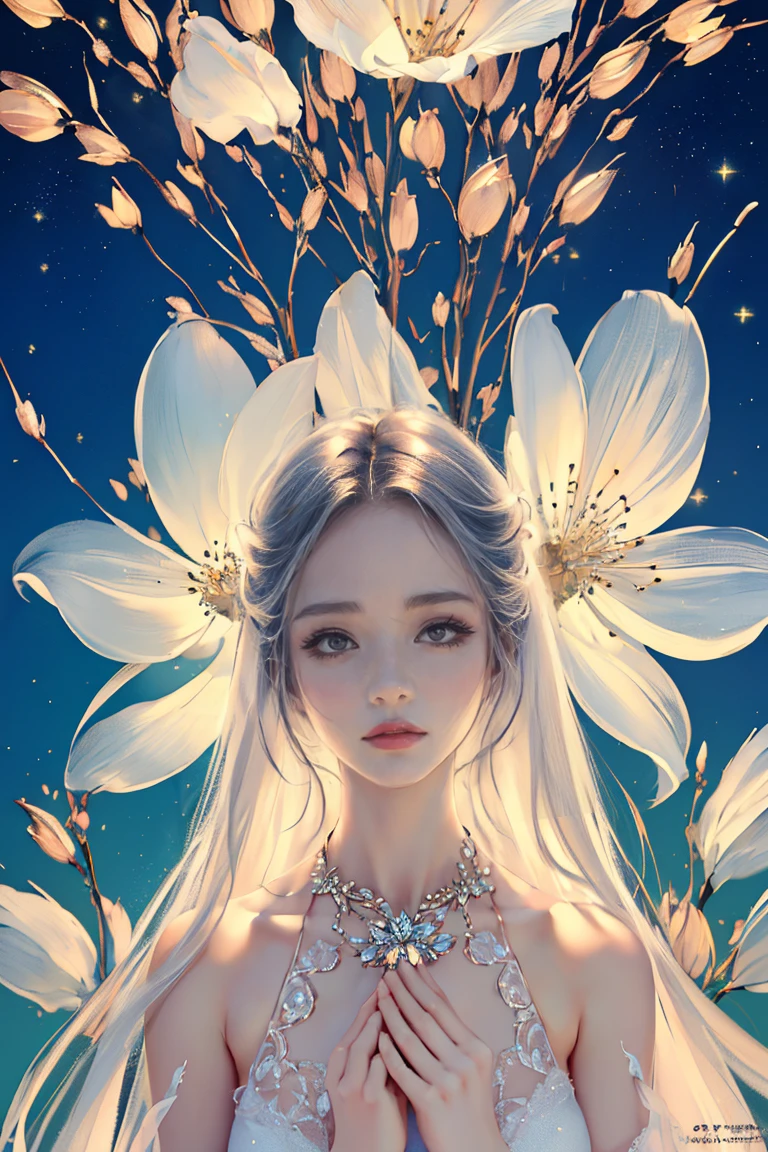 (best quality, 8K, CG, Beautiful and delicate whole body, , girl, Transparent coat dress, Flower background, complex facial features, length, flowing hair, Almond eyes, Exquisite eye makeup, length eyelashes fluttering, Blink your eyes wide, Starry Sky, Exquisite lip details, Soft and harmonious style)、Lovely、Sexy