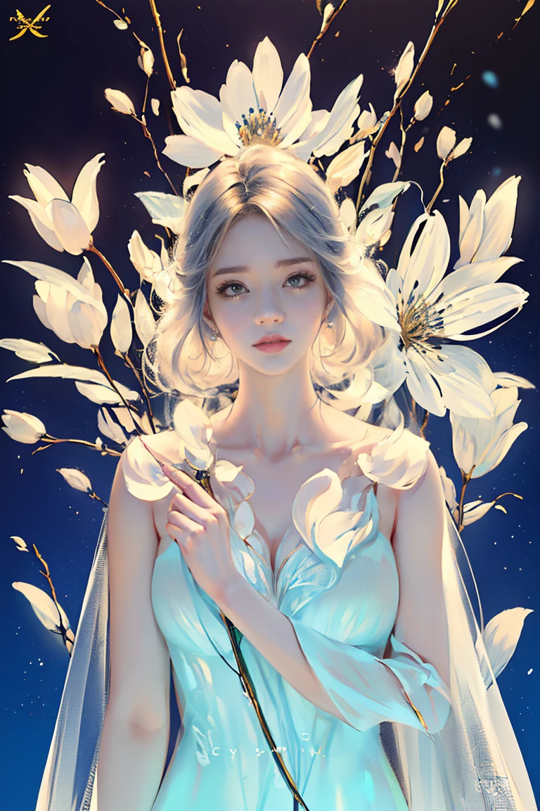 (best quality, 8K, CG, Beautiful and delicate whole body, , girl, Transparent coat dress, Flower background, complex facial features, length, flowing hair, Almond eyes, Exquisite eye makeup, length eyelashes fluttering, Blink your eyes wide, Starry Sky, Exquisite lip details, Soft and harmonious style)、Lovely、Sexy