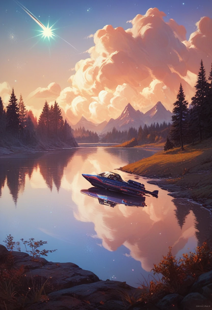 Realism, digital drawing, a ((massive) star shaped meteor) crashing into the middle of a lake, (midnight), galaxy in the sky, dark colors