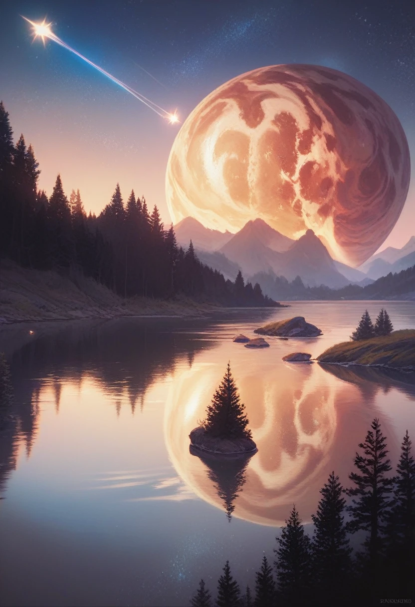 Realism, digital drawing, a ((massive) star shaped meteor) crashing into the middle of a lake, (midnight), galaxy in the sky, dark colors