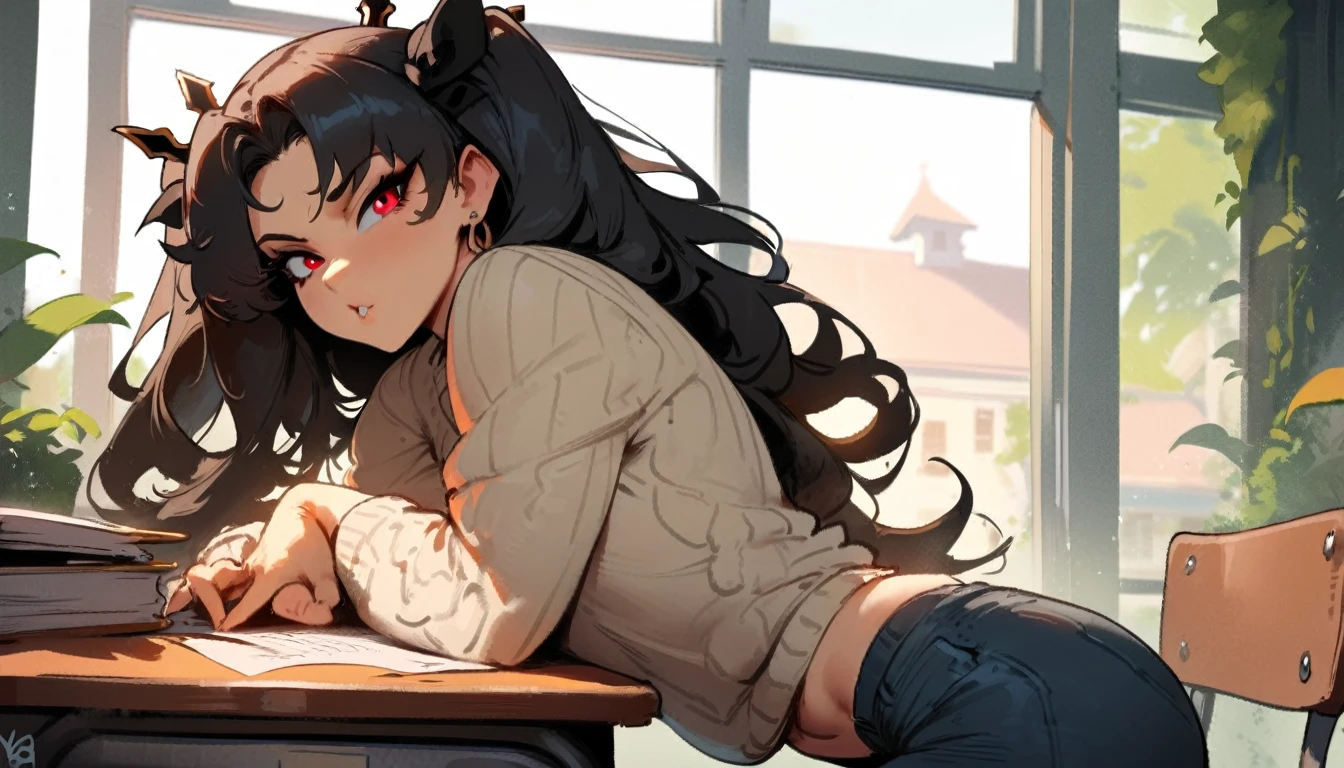 1girl, ishtar \(fate\), fate \(series\) \\\\\ masterpiece, best quality, very aesthetic, absurdres, newest \\\\\\ slim body,///// ,by nyantcha,cutesexyrobutts , by khyle,,////// beautiful face, sexy, red eyes, , at school, windows, greenery, sweater,,at desk