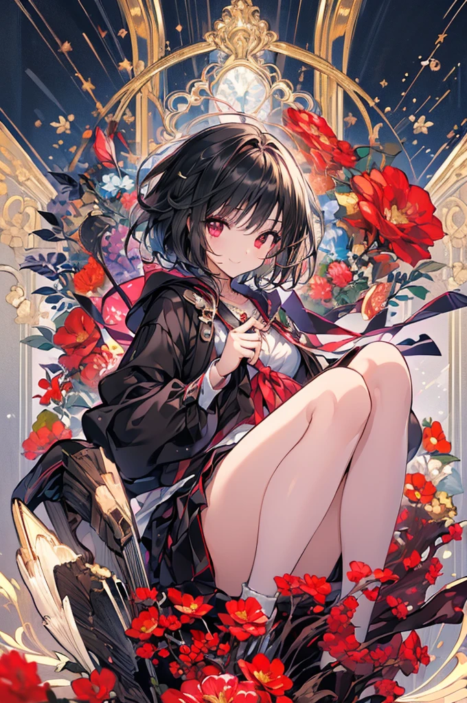 (masterpiece, highest quality, highest quality, (No text), Beautiful and aesthetic:1.2),No text,アニメ、 high resolution BREAK,One Girl,Short black hair Beautiful eyes Red eyes Beautiful girl cool smile Black Coat mini skirt whole body Night view Detailed eyes and face