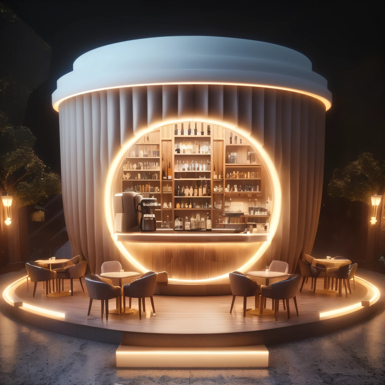 there is a circular bar with a bar in the middle of it, daily render, 3 d render even lit, coffee shop, 3 d render beeple, in style of beeple, very realistic 3 d render, cafe in the clouds, excellent 3d render, high-quality render, well lit 3 d render, high quality 3 d render