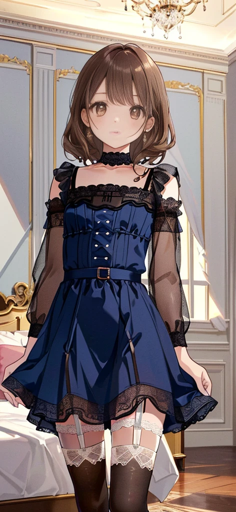 ((masterpiece)), ((best quality)), ((ultra detailed)), ((kawaii)), cute, (lovely), ((extremely detailed)), ((8K)), (beautiful), full body, luxury room, a cute girl, 1girl, solo, blue mini camisole dress,beautiful light brown hair, ((detailed beautiful brown eyes)), white-skinned, flat breast, tiny breast, garter belt,(garter stockings:1.4),pink eyeshadow