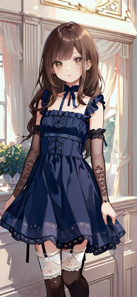 ((masterpiece)), ((best quality)), ((ultra detailed)), ((kawaii)), cute, (lovely), ((extremely detailed)), ((8K)), (beautiful), full body, luxury room, a cute girl, 1girl, solo, blue mini camisole dress,beautiful light brown hair, ((detailed beautiful brown eyes)), white-skinned, flat breast, tiny breast, garter belt,(garter stockings:1.4),pink eyeshadow