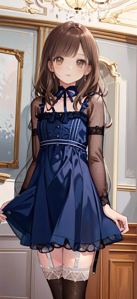 ((masterpiece)), ((best quality)), ((ultra detailed)), ((kawaii)), cute, (lovely), ((extremely detailed)), ((8K)), (beautiful), full body, luxury room, a cute girl, 1girl, solo, blue mini camisole dress,beautiful light brown hair, ((detailed beautiful brown eyes)), white-skinned, flat breast, tiny breast, garter belt,(garter stockings:1.4),pink eyeshadow