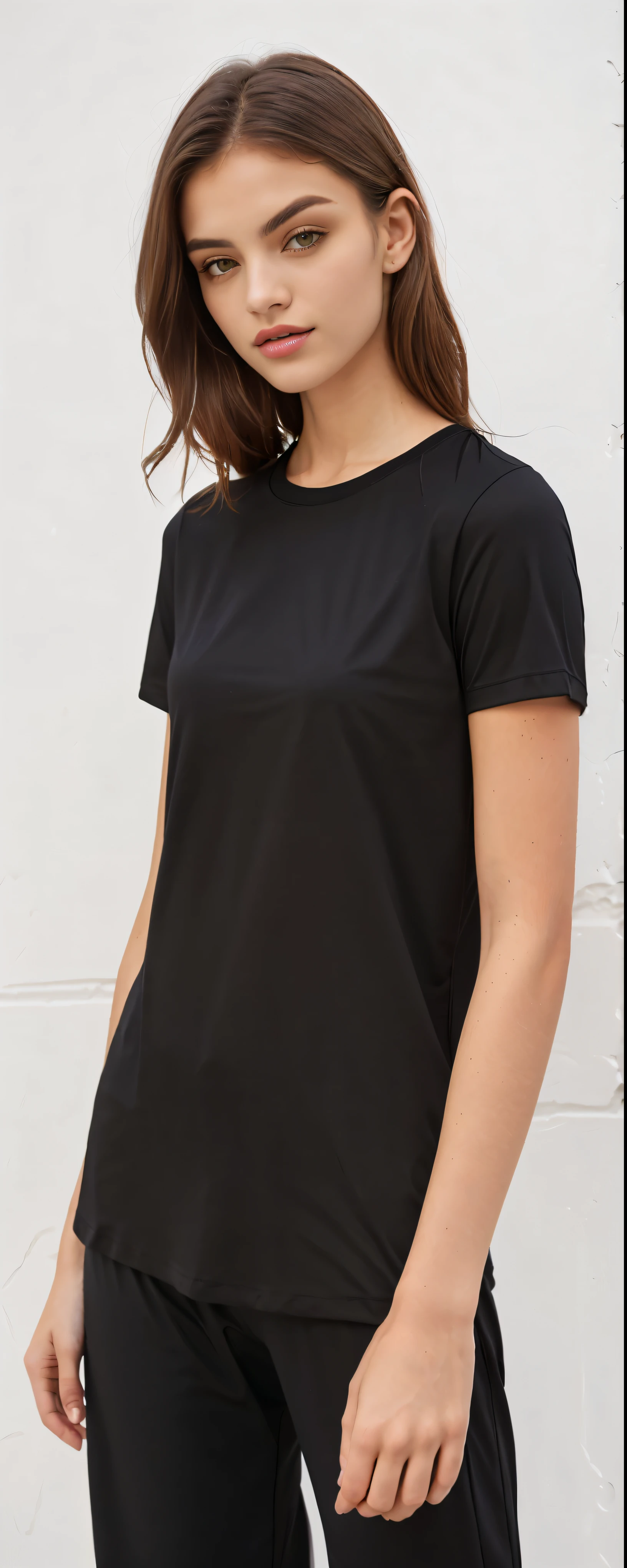 a woman in camisa preta and pants standing against a white wall, camiseta preta, vestindo camiseta preta, wearing a camiseta preta, camiseta preta, camiseta preta, vestindo uma camiseta preta, camisa preta, roupas esportivas, wearing a camisa preta, camisa de malha, camisa preta, blusa preta, roupas esportivas, camiseta esportiva, roupa preta