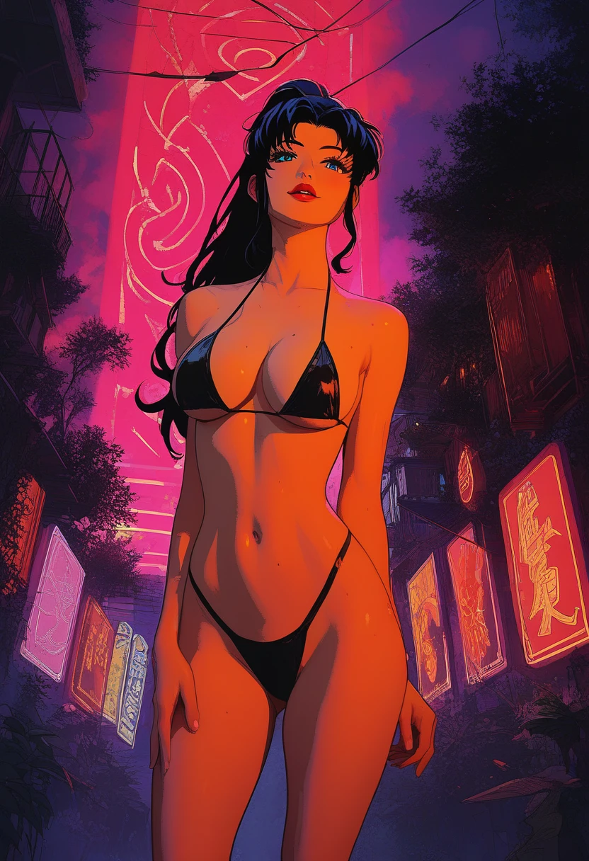 score_9, score_8_up, score_7_up, score_6_up, score_5_up, score_4_up, 1girl, Misato Katsuragi, view from front, athletic, ponytail, (long black hair), bright detailed blue eyes, (big breasts), facing viewer, closeup of face, seductive look, cleavage, arched back, (wearing black micro bikini, black thong), standing, tiny waist, narrow hips, (flat stomach), neo tokyo well lit highrise building, filled with neon signs, well lit by red neon lights, translucid, fine red lips, pinup pose, official art, masterpiece, cel-shaded, source_painted_concept_art BREAK