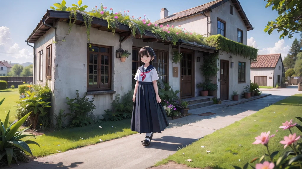 (masterpiece), town, blue sky, One girl, smile, alone, Sailor suit、Long skirt, Overgrown, petal, plant、Skirt lining、Translucent slip