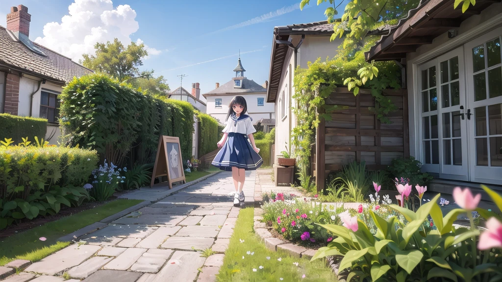 (masterpiece),  town,  blue sky,  One girl,  smile,  alone,  Sailor suit、Long skirt,  Overgrown,  petal,  plant、Skirt lining、Translucent slip