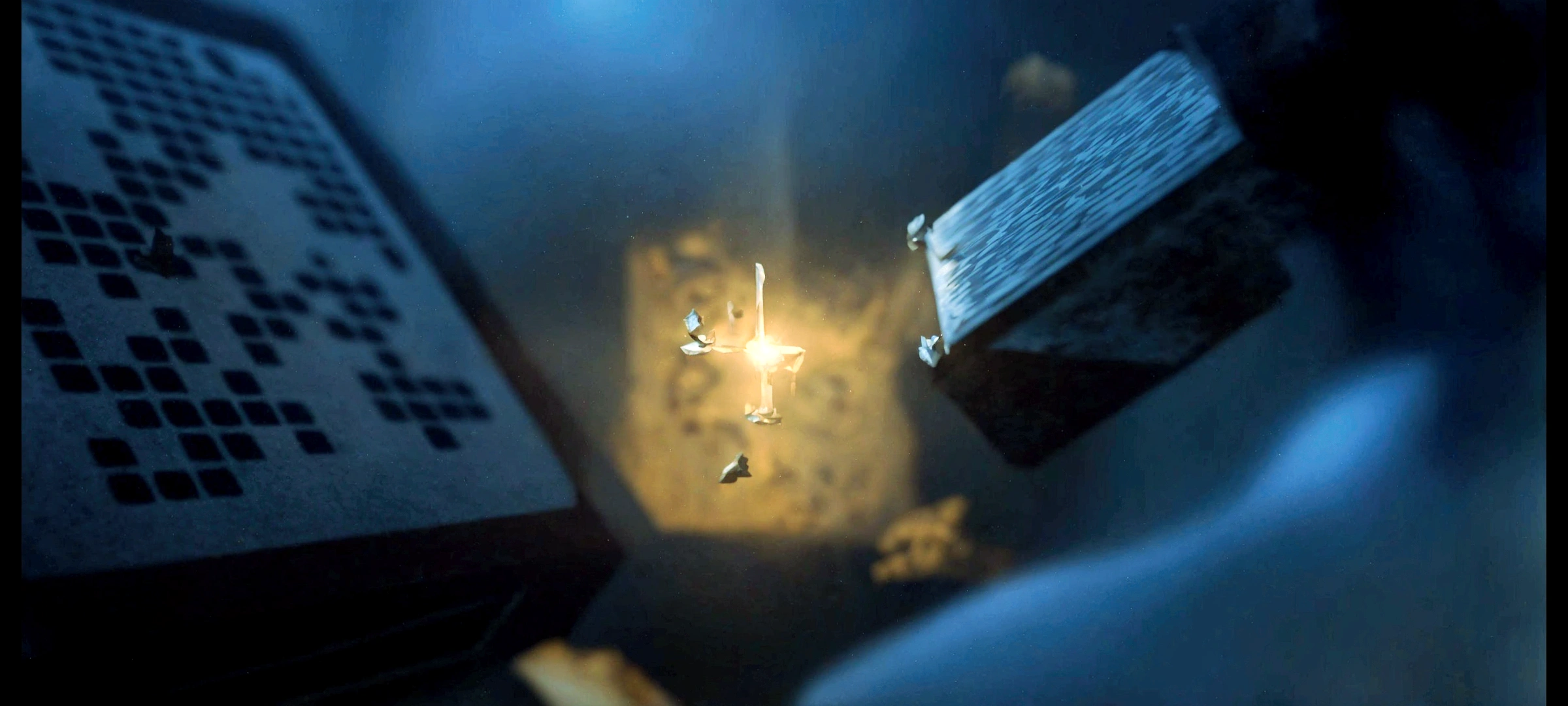 There are many chess pieces in the box,There is a light in the box, Movie screenshots, Conway's Game of Life, Amazing CGI, Magic Rune Flying, Plenty of sunlight, Video Game Screenshots, magicavoxel lighting, Complex 8k details, glowing digital runes, YouTube video screenshot, Complex 8k rendering, 3D 8K Octane Rendering,Suspension,smoke,Fantasy theme,Best image quality,masterpiece
