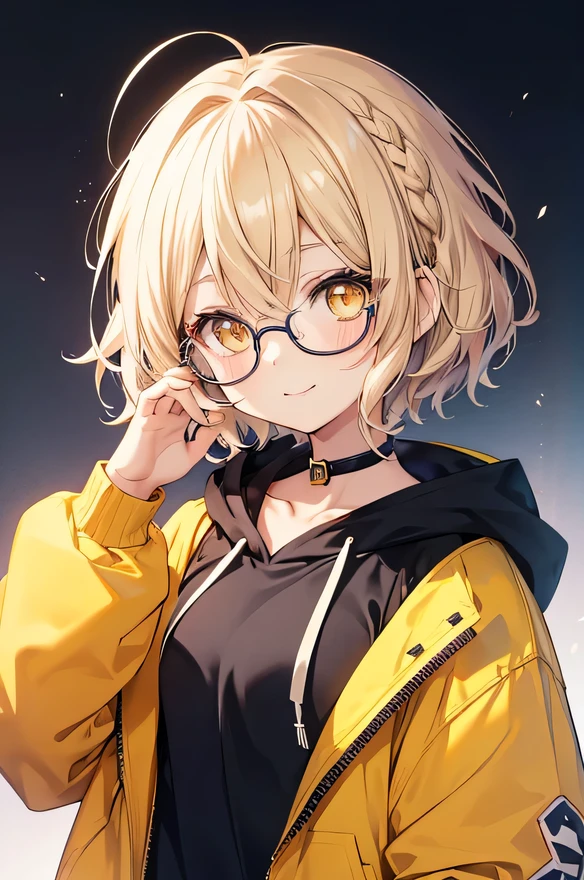 girl, cute anime girl, smiling, beige hair, short hair, hair in a braid on the side, messy hair, big eyes, yellow eyes, moe style anime, wearing hoodie, glasses