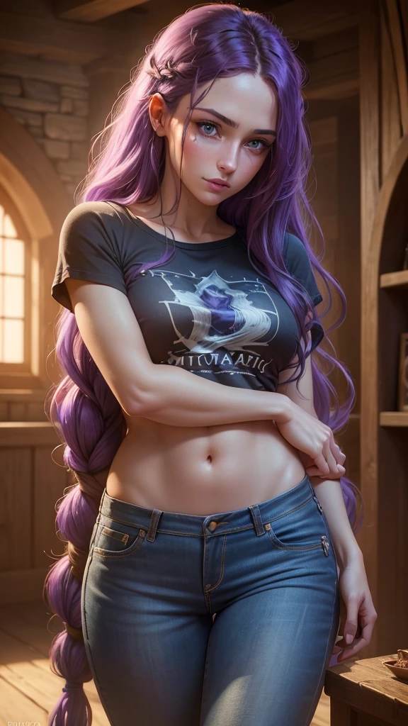 a young woman with long purple hair, hazel eyes, small breasts, wearing jeans and a t-shirt, fantasy medieval cinematic setting, beautiful detailed eyes, beautiful detailed lips, extremely detailed face and hair, digital painting, cinematic lighting, vibrant colors, dramatic atmosphere, photorealistic, (best quality,4k,8k,highres,masterpiece:1.2),ultra-detailed,(realistic,photorealistic,photo-realistic:1.37)