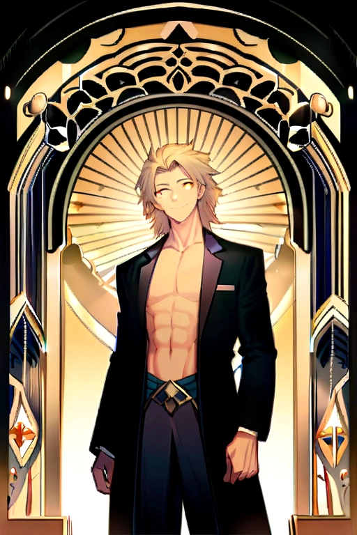 Indian boy black blazer, abdomen, wearing no shirt, Wide formal pants, mascle, hair blonde, medium length, perfect facial symettry, perfect nose, Beautiful Beautiful Smile, Almond Eyes and Korean. One mascle, standing alone, single person, smile cute. wolf cut. Single mascle, A person. Single Character