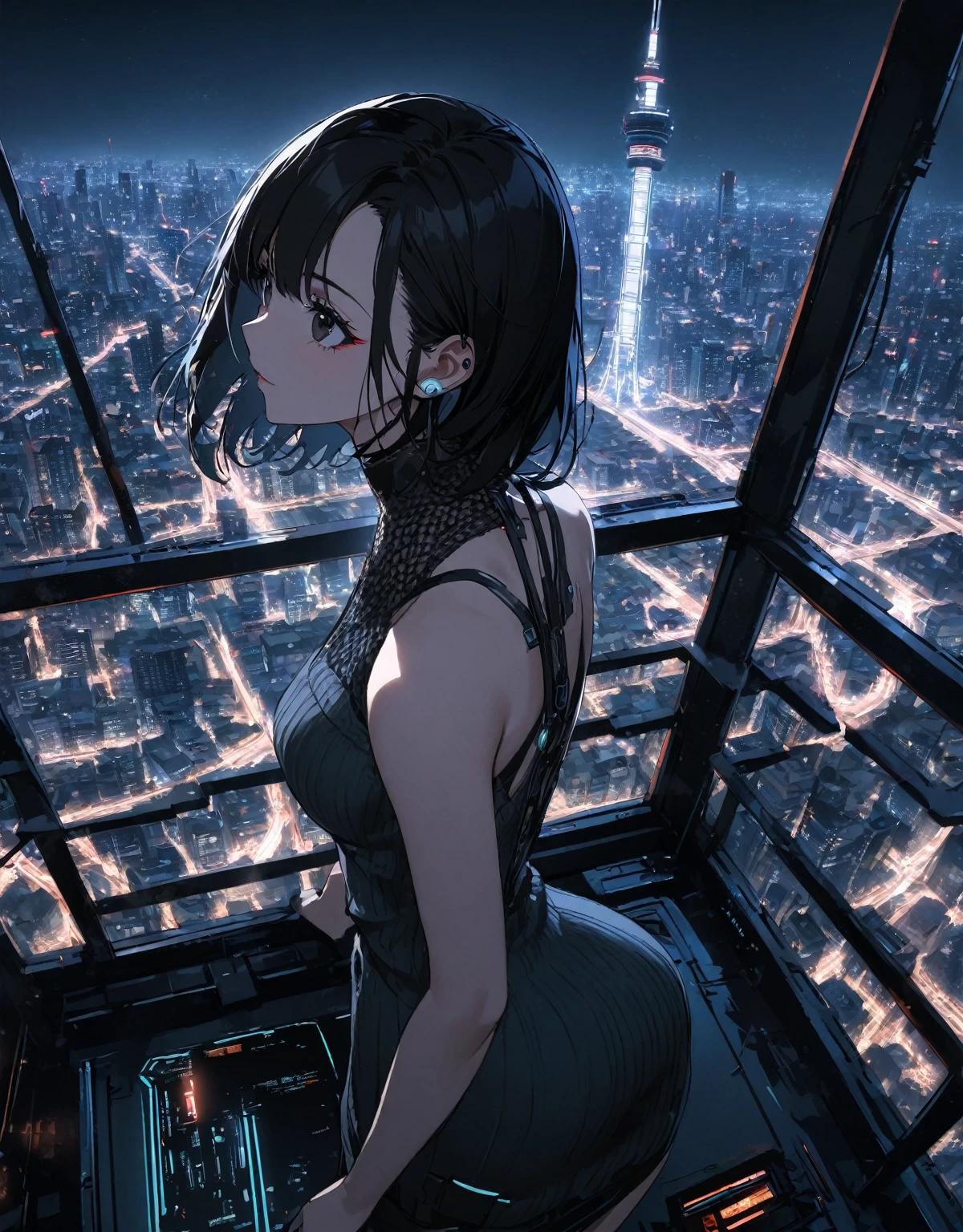 1girl, cute and elegant, medium length dark hair, black hair, black eyes, cyberpunk, futuristic, rainbowheadphones, knit dress, cityscape, cityview, cityscape at night, standing on top of a tv tower, looking into the distance, controltheory,far from camera,back to camera