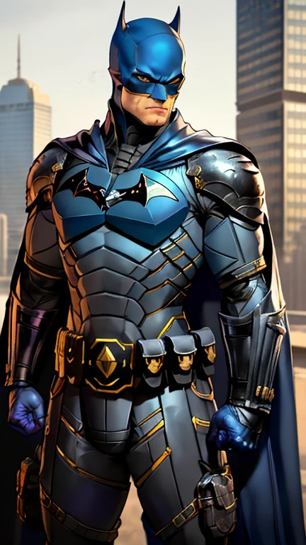 1boy, batman, abs, bara, black hair, blue bodysuit, blue eyes, bodysuit, cape,  gauntlet, helmet, mask, closed mouth, crossed arms, large pectorals, male focus, muscular, muscular male, pectoral lift, pectorals, black cape, short hair, outdoors, skyscrapers, solo, armor suit, superhero, upper body , ((masterpiece))