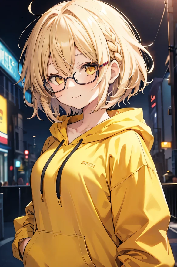 girl, cute anime girl, smiling, beige hair, short hair, hair in a braid on the side, messy hair, big eyes, yellow eyes, moe style anime, wearing hoodie, glasses