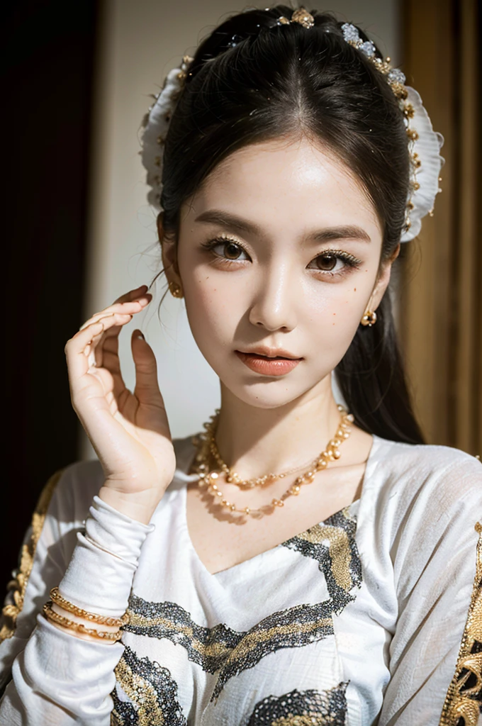 (best quality,4k,8k,highres,masterpiece:1.2),ultra-detailed,(realistic,photorealistic,photo-realistic:1.37), MMTD Burmese patterned traditional dress, beautiful lady wearing the dress, detailed eyes and face, long eyelashes, wear pearl necklaces and gold bracelets, soft natural lighting