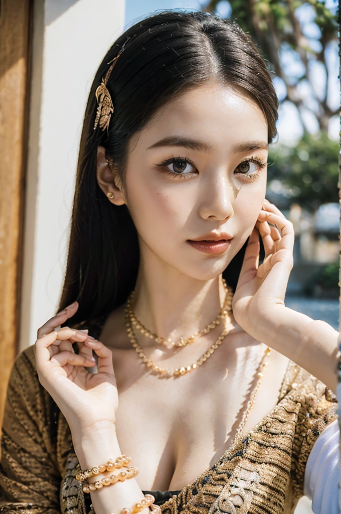 (best quality,4k,8k,highres,masterpiece:1.2),ultra-detailed,(realistic,photorealistic,photo-realistic:1.37), MMTD Burmese patterned traditional dress, beautiful lady wearing the dress, detailed eyes and face, long eyelashes, wear pearl necklaces and gold bracelets, soft natural lighting