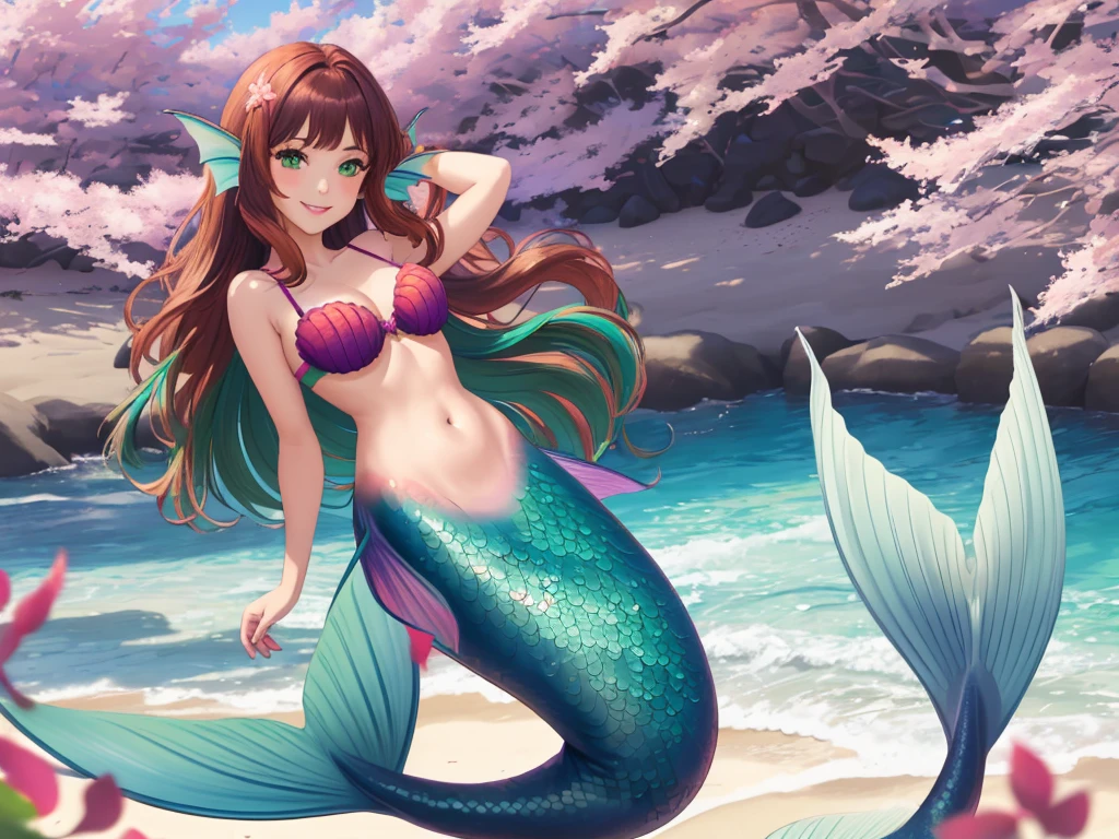 masterpiece, best quality:1.2), 1girl, smile, looking at viewer, green eyes, short brown multicolored hair, mermaid, mermaid girl, wearing purple seashell bra, laying on belly on beach, colorful mermaid tail, outdoors, head fins, fin ears, under cherry blossoms