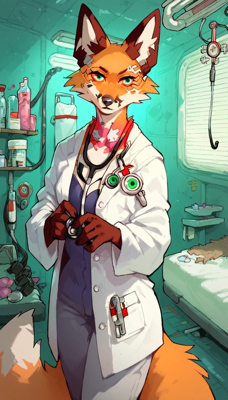 score_9, score_8_up, score_7_up, (cyberpunk city, Hospital, operations room, medicines on background:1.5),
((Fox:1.2), anthro, solo, female, (portrait, standing), (holdingtablet), ((wearing medical robe, doctor pants, doctor's robe), (wearing stethoscope, phonendoscope)), ((fox fur)), beautiful, (have cyberpunk-style additions)