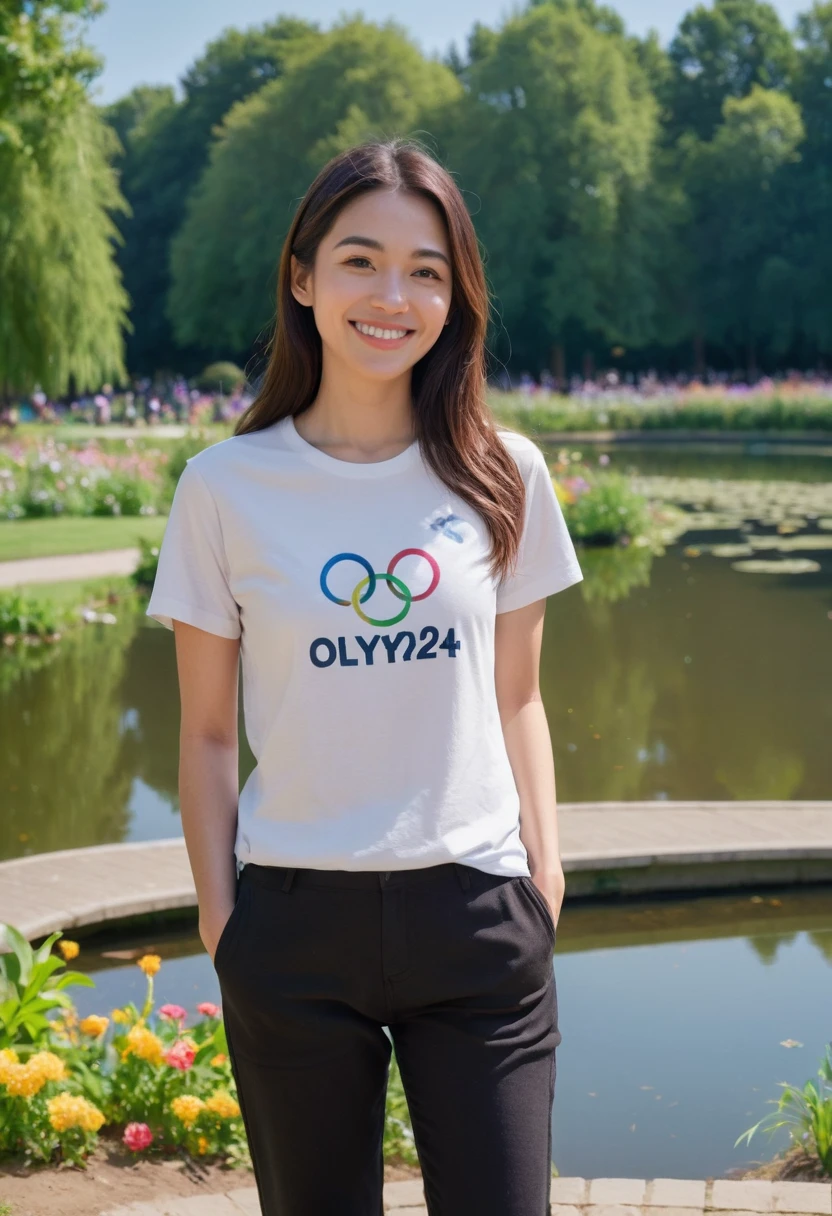 Create an image of a woman in her mid-20s with long, dark brown hair, standing in a picturesque outdoor park. The park background should have lush green trees, a clear blue sky, and a serene pond with reflections of the trees and sky. The woman is wearing a white t-shirt with the official Paris 2024 Olympics logo prominently displayed on the front, and black pants. She is standing near a path that leads to the pond, with colorful flowers on either side. She looks happy, with a warm smile on her face, and the overall atmosphere is bright and cheerful