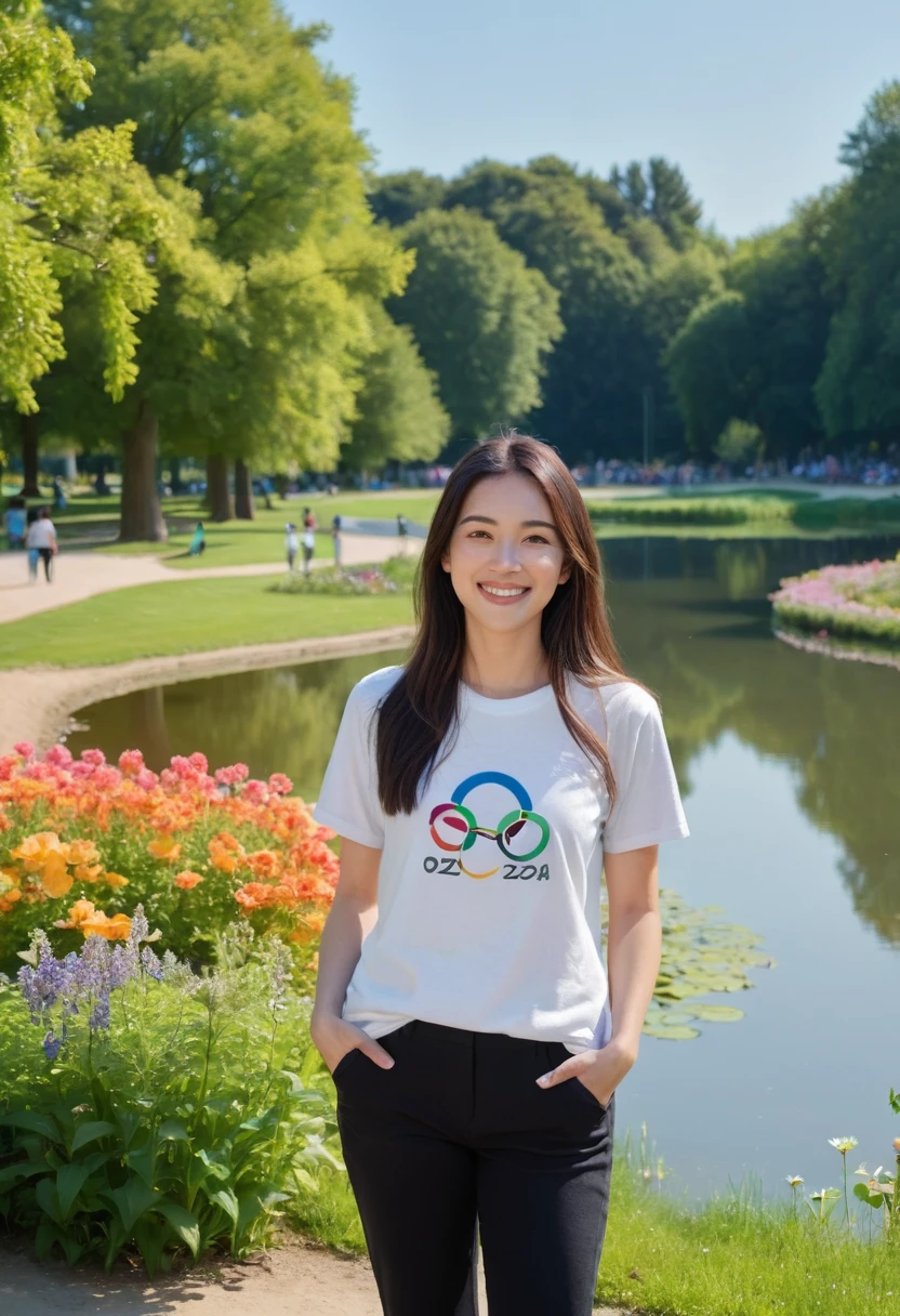 Create an image of a woman in her mid-20s with long, dark brown hair, standing in a picturesque outdoor park. The park background should have lush green trees, a clear blue sky, and a serene pond with reflections of the trees and sky. The woman is wearing a white t-shirt with the official Paris 2024 Olympics logo prominently displayed on the front, and black pants. She is standing near a path that leads to the pond, with colorful flowers on either side. She looks happy, with a warm smile on her face, and the overall atmosphere is bright and cheerful