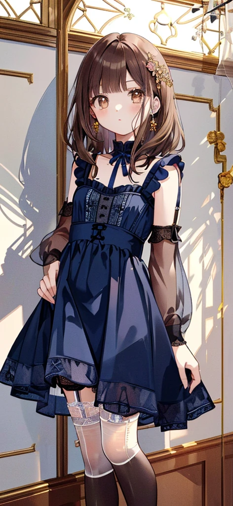 ((masterpiece)), ((best quality)), ((ultra detailed)), ((kawaii)), cute, (lovely), ((extremely detailed)), ((8K)), (beautiful), full body, luxury room, a cute girl, 1girl, solo, blue mini camisole dress,beautiful brown hair, ((detailed beautiful brown eyes)), white-skinned, flat breast, tiny breast, garter belt,(garter stockings:1.4),pink eyeshadow