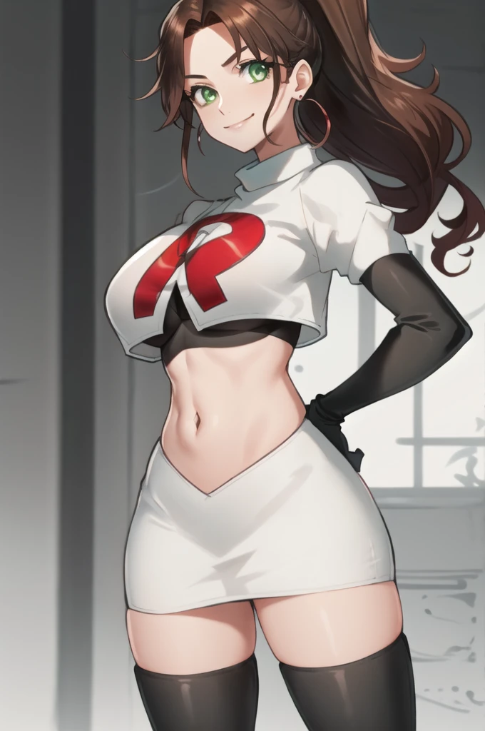 SMJupiter, brown hair, green eyes, ponytail,Team rocket, team rocket uniform, red letter R, white skirt,white crop top,black thigh-high boots, black elbow gloves, evil smile, earrings, large breasts, sexy pose
