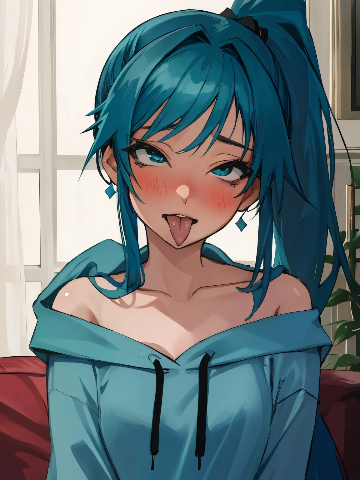 masterpiece, best quality,realistic,absurdres,1girl,looking at viewer, tongue, ahg, ahegao, living room, skinny, aqua hoodie, off the shoulder, dark blue hair, blush, ponytail,