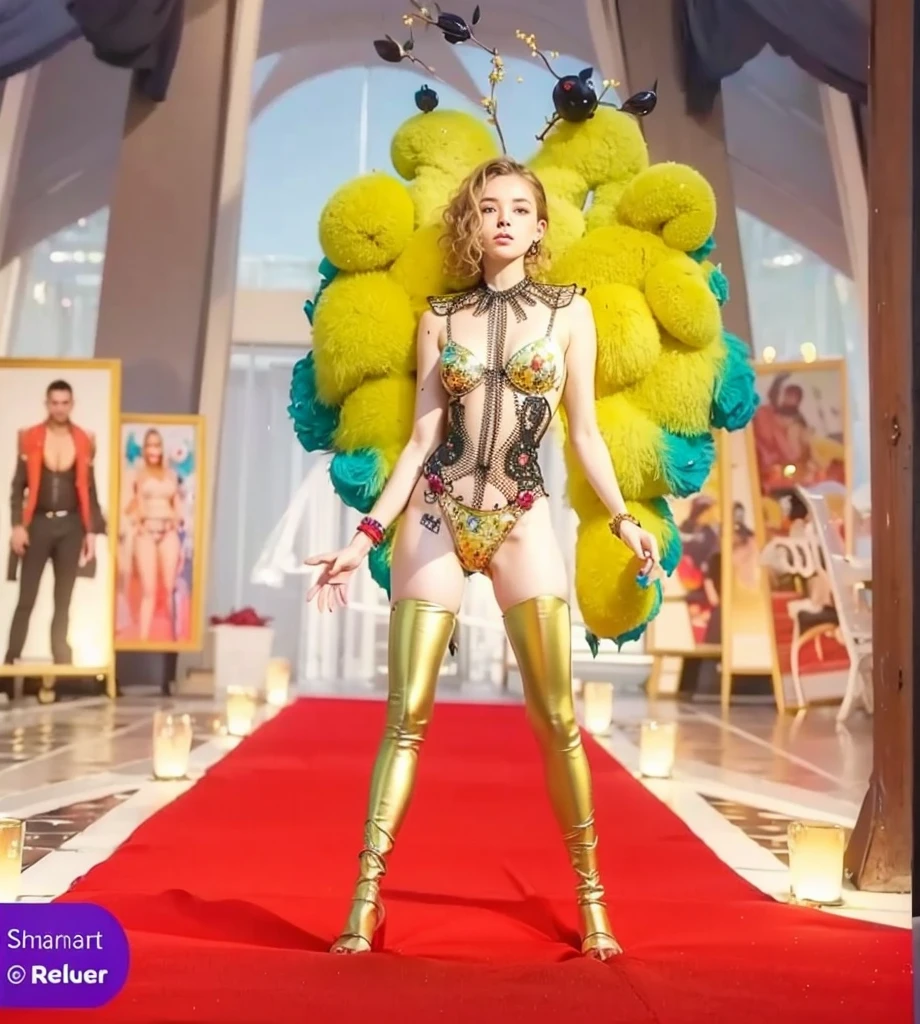 Cute 18 year old girl, Carnival Bikini Woman suit, short curly hair, blonde hair, beautiful face, rain, roof, masterpiece, exquisite details, perfect anatomy, fighting stance Realistic