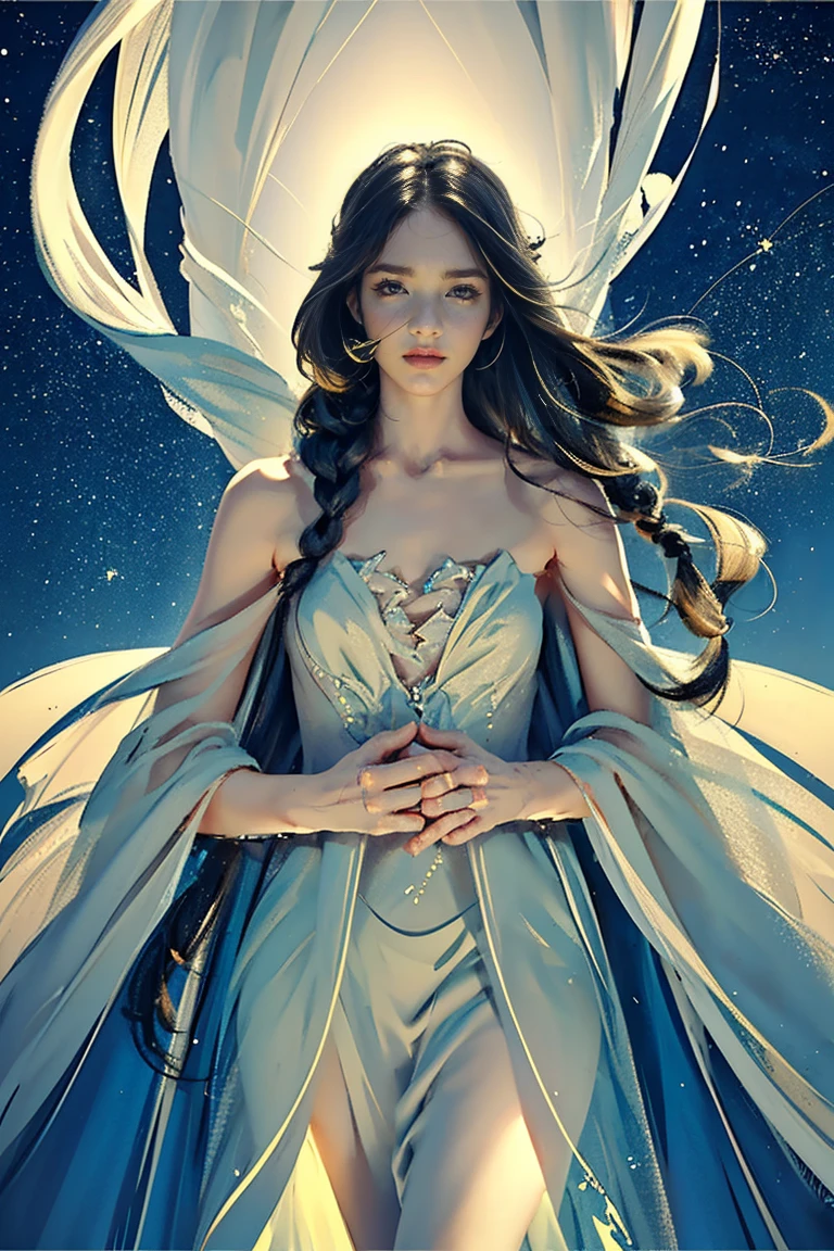 (best quality, 8K, CG, Beautiful and delicate whole body, , girl, Transparent coat dress, Flower background, complex facial features, length, flowing hair, Almond eyes, Exquisite eye makeup, length eyelashes fluttering, Blink your eyes wide, Starry Sky, Exquisite lip details, Soft and harmonious style)、Lovely、y