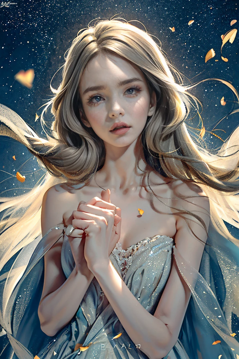 (best quality, 8K, CG, Beautiful and delicate whole body, , girl, Transparent coat dress, Flower background, complex facial features, length, flowing hair, Almond eyes, Exquisite eye makeup, length eyelashes fluttering, Blink your eyes wide, Starry Sky, Exquisite lip details, Soft and harmonious style)、Lovely、Sexy